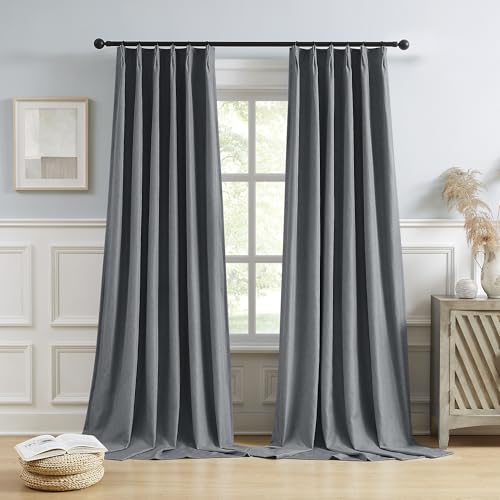 DUALIFE Gray Pinch Pleated Blackout Curtains 104 Inch Length,Back Tab with Hooks Thermal Insulated Blackout Curtains 40W x 104L, Grey, 2 Panels