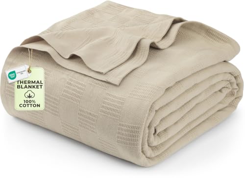 "Utopia Bedding - 100% Cotton Thermal Blanket 350 GSM Lightweight Soft Breathable for All Seasons Queen Size 90""x90"" Khaki"