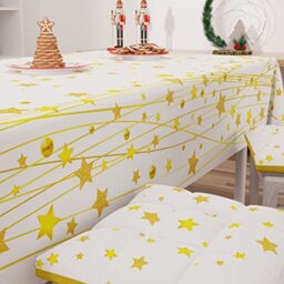 PETTI Artigiani Italiani - Christmas Tablecloth Stain Resistant Rectangular Christmas Table Cover Gold Stars Design X24 Places (140x450 cm) 100% Made in Italy