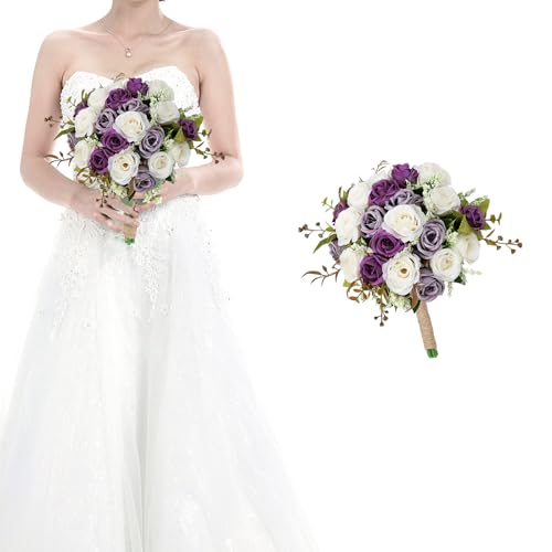 HOMENERGY Wedding Bouquet for Bridesmaid 1 Pack - Hand Holding Flower Bouquet 7 Inch Artificial Flower Bouquet for Bride Party Ceremony Anniversary Decor - Dusty Purple & White