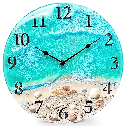 Coastal Beach Wall Clock 14in Teal Seashell Battery Silent Bathroom Decor - Nautical Glass Non Ticking Quartz Aesthetic Decorative Clock For Home, Kitchen, Living Room, Office