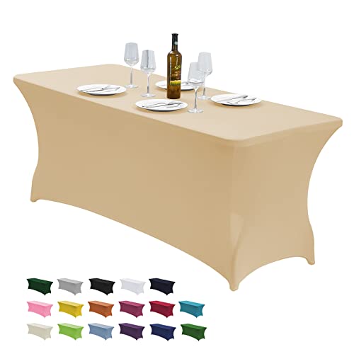 "CWK 6FT Stretch Spandex Fitted Tablecloth,Rectangular Table Cover,Champagne - Fits 72x30"" rectangular folding tables.Wrinkle & stain resistant stretch fabric.Ideal for parties,weddings & vendor events"