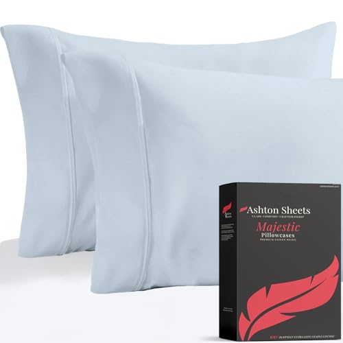 Ashton Sheets Luxury Egyptian Cotton Standard/Queen Pillow Cases Set of 2-1000 Thread Count Standard/Queen Pillowcases, Sateen Weave Cooling Pillowcase for Standard/Queen Pillows - Light Blue