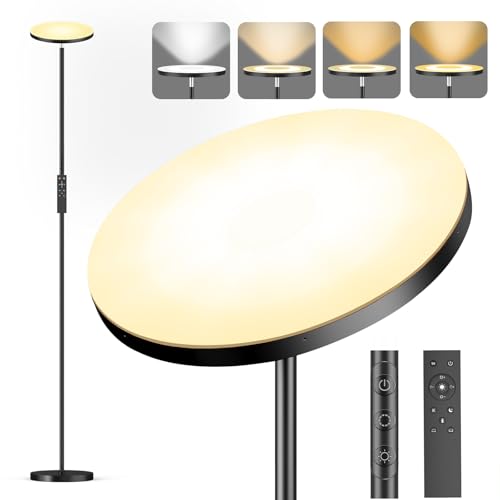 LED Uplighter Floor Lamp, Super Bright Stand Lamp, Dimmable Brightness and 4 Color Temperatures, Remote & Touch Control for Living Room Bedroom Office (Black)