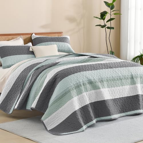 Litanika Striped Quilt Set King Size Sage Green - 3 Piece Quilt Set - 1 Quilted Bedspread - Soft Microfiber Lightweight Coverlet for All Season and 2 Shams, King