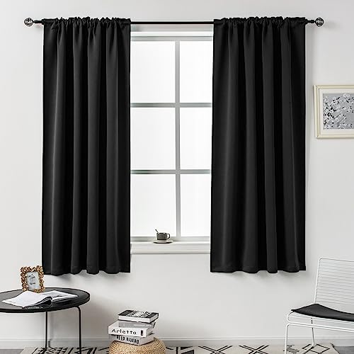 DUALIFE Black Out Curtains 45 Inch Long 2 Panels for Bedroom Small Windows - Thermal Insulated Rod Pocket Block Out Soundproof Curtains for Basement (Jet Black 42W x 45L)