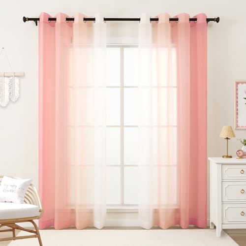 L.Z.E Pink Ombre Sheer Curtains 72 Inch Length for Living Room, Transparent Blush Pink Curtains for Kids Bedroom Boys Girls Room, Lightweight Gradient Voile Window Drapes Grommet Top 2 Panels Set