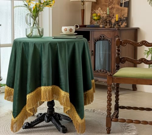 F-CHU Luxury Green Tablecloth Thickset Velvet Tablecloth with Beautiful Gold Tassels Table Cloth for Home Decor Wedding, Party, Banquet and Events 60x60-Inch