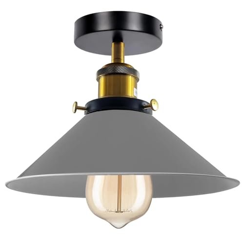 LEDSone Vintage Semi Flush Ceiling Lighting E27 Base Holder Metal Grey Lampshade Light Fitting Ceilings for Bedroom Kitchen Hallway Dining Rooms Living Room with Bulb