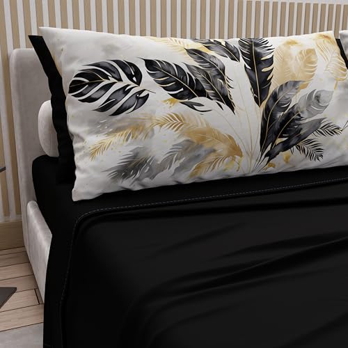 PETTI Artigiani Italiani - Cotton Sheets with Pillowcases in Digital Print, Double Sheet, Black Palm Print Bed Set, 100% Made in Italy