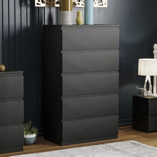 Vida Designs 5 Drawer Chest of Drawers - Black - Space-Saving Storage - 117H x 70W x 40D cm - Minimal - Smooth Metal Runner - Engineered Wood - Modern Bedroom Chest of Drawers Unit
