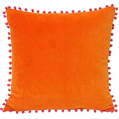 "Riva Paoletti Polyester Filled Cushion Faux Velvet Fabric-Contrasting Fuchsia Pink Pompom Edges-Hidden Zip Closure-100% Soft (18"" x 18"" inches), Cotton, Orange, 45 x 45cm"