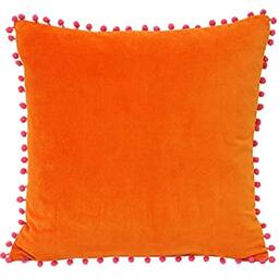"Riva Paoletti Polyester Filled Cushion Faux Velvet Fabric-Contrasting Fuchsia Pink Pompom Edges-Hidden Zip Closure-100% Soft (18"" x 18"" inches), Cotton, Orange, 45 x 45cm"