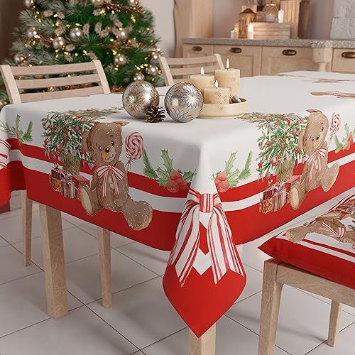 PETTI Artigiani Italiani - Christmas Tablecloth Stain Resistant Rectangular Table Cover for Kitchen, Teddy Bear Design, 140x180 cm, 100% Made in Italy