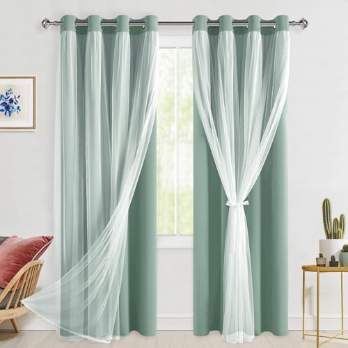 Hiasan Sage Green Blackout Curtains for Bedroom,Thermal Insulated Mix & Match Double Layer Room Darkening Curtains for Living Room,Nursery,2 Window Panels Sewn with Tiebacks,52W X 84L
