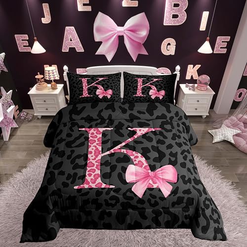 jejeloiu Initial Letter K Comforter Set Twin Size Leopard Print Bedding Set for Kids Girls Women Pink Bowknot Alphabet Duvet Quilt Cheetah Skin Bedroom Decor Microfiber 2 Pcs with 1 Pillow Cases