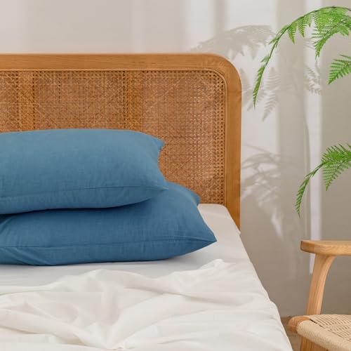BESTOUCH Washed Cotton Pillowcases Linen Feel Dark Blue Queen - 100% Washed Cotton, Linen Feel, Soft Wrinkle Texture, Envelope Closure, Breathable Lightweight Durable Comfy, 2 Pcs No Insert