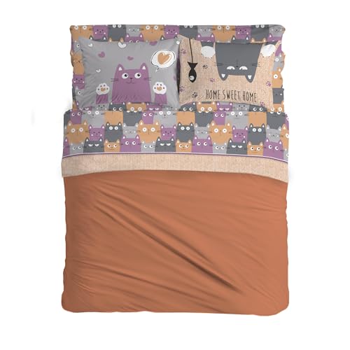 PENSIERI DELICATI Double Bed Set 100% Cotton, Complete Double Bed Sheet Set, 180 x 200 cm, Including Bottom Sheet, Top Sheet and 2 Pillowcases, Made in Italy, Happycat Orange Pattern