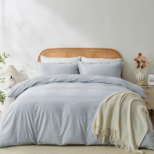 "OAITE 100% Washed Cotton Duvet Cover Queen Size Soft Breathable Durable Bedding with Zipper Closure & 8 Corner Ties- 3 Pieces Plain Simple Duvet Cover Set,2 Pillow Shams,1 Duvet Cover(90""x90"")"