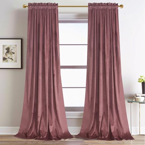 Roslynwood Dusty Rose Velvet Curtains 63 inches Long for Bedroom, Super Soft Black Out Room Darkening Thermal Insulated Window Curtains for Living Room/Nursery Kids, W52 x L63, 2 Panels/Rod Pocket