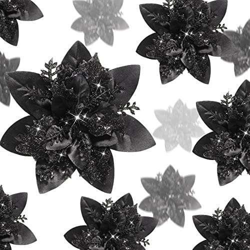 Geosar 24 Pcs Glitter Poinsettia Flowers with Clips, Black