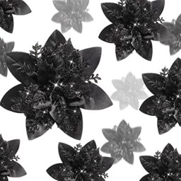 Geosar 24 Pcs Glitter Poinsettia Flowers with Clips, Black