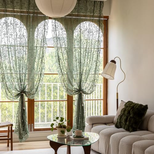 TUDECO Dark Green Curtains 96 Inch Long - Antique Embroidered Lace Sheer Curtains for Living Room Farmhouse Summer Floral Forest Ruffle Curtains Rod Pocket 2 Panels, 8 FT 59W x 96L, Olive Green