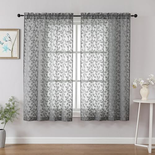 "Chyhomenyc Charcoal Grey Sheer Curtains 54 Inch Length for Living Room 2 Panels Set, Light Filtering Tufted Textured Soft Airy Rod Pocket Leaf Window Treatment Drapes for Bedroom, 42"" Wx54 L, 2PCS"