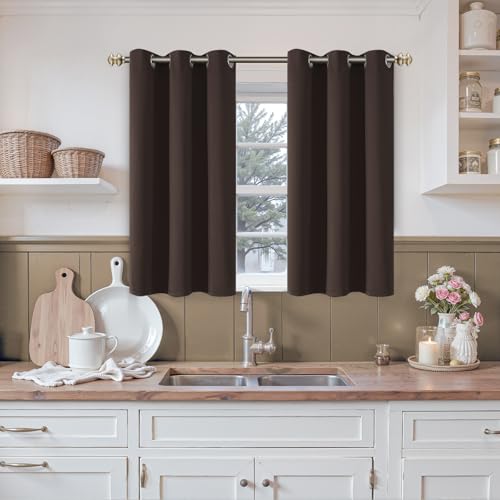 YoungsTex Brown Blackout Curtains 40 Inch Length for Kitchen Window - Short Thermal Insulated Drapes with Grommet Darkening Privacy for Bathroom Bedroom, 2 Panels, 42 x 40 Inch