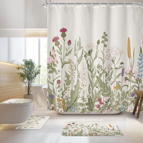 "Wildflower Botanical Floral Leaf 4Pcs Bathroom Shower Curtain Set with Rugs - 72""W x 72""H Green Herbs waterproofprint, soft rugs, quick-dry curtain and plastic hooks."