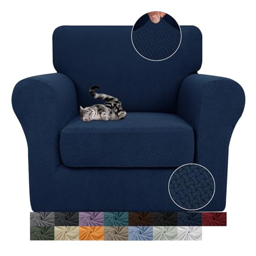 JIVINER 2 Pieces Armchair Covers for Living Room Stretch Chair Slipcovers with 1 Seat Cushion Covers Thick Fitted Couch Cover for Pet Dogs Furniture Protector (Chair, Navy Blue)