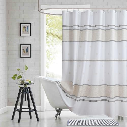 "BESTRIPES 90 Inch Fabric Shower Curtain, Extra Long White Cream Black Print Waterproof Shower Curtains for Bathroom, 72"" W x 90"" H"