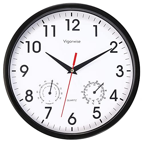 Vigorwise Wall Clock, Sweep Silent Movement Accurate Clocks with Temperature & Humidity, Decorative for Kitchen/Living Room/Bedroom/Office/School/Classroom (Black, 10 inch)