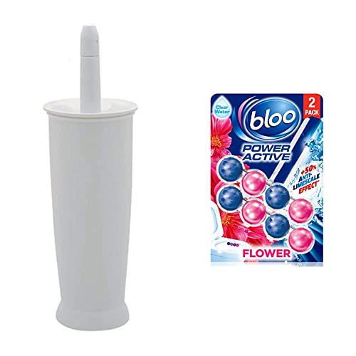 Addis Closed Toilet Brush Set, Plastic, White, 12.5 x 12.5 x 39 cm, 510284 & Bloo Power Active Toilet Rim Block, Fresh Flowers, 2 x 50g