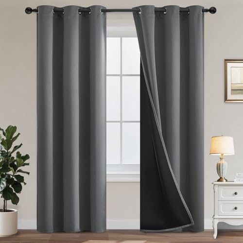 Yakamok 100% Blackout Curtains for Bedroom 84 Inch Length, Gray Total Light Blocking Drapes with Black Backing, Soft Thermal Insulated Solid Grommet Panels for Living Room, 38Wx84L, Grey, 2 Panels