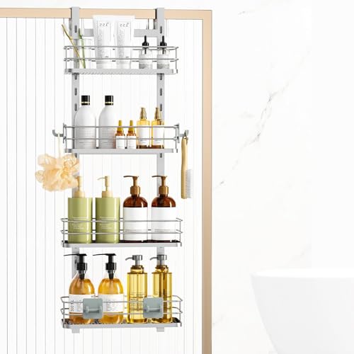 Orimade Adjustable Hanging Over the Shower Door Caddy,Bathroom Organizer Shelf Storage with 4 Hooks for Razor,No Drilling Rustproof Shower Rack Basket, 4 Tier, Silver