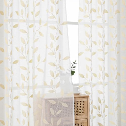 Chyhomenyc Natural Sheer Curtains 84 Inch Length - Light Filtering Blend Linen Embroidered Leaf Pattern Window Curtain Panel Drapes for Living Room Bedroom, 50Wx84L Inch, 2 Panels