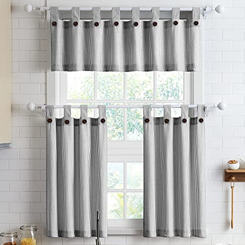 "July Joy 3 Piece Cotton Kitchen Curtains and Valances Set for Small Windows Short Curtains 36 Inches Length for Cafe Bathroom Tab Top 56"" x 36"", Black"
