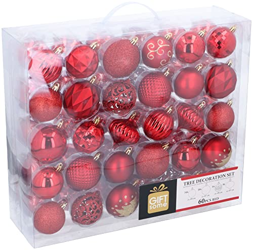 Giftsome Red Christmas Baubles - 60 Plastic Tree Decorations - Inside & Outside Use - Red Ø6/7cm