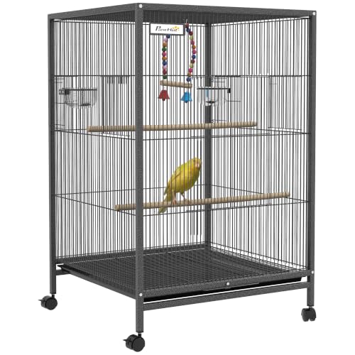 PawHut Bird Cage with Rolling Stand for Small Parrot Budgie Lovebird Grey - Budgie Cage, Parrot Cage, Stainless Steel Bowls, Swings, Removable Tray