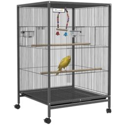 PawHut Bird Cage with Rolling Stand for Small Parrot Budgie Lovebird Grey - Budgie Cage, Parrot Cage, Stainless Steel Bowls, Swings, Removable Tray