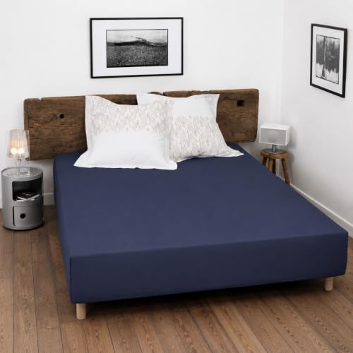 Home Linge Passion 100% Cotton Fitted Sheet – 57 Thread Count – Size 160 x 200 cm – Blue – 30 cm Deep Weave – Soft, Breathable, Washable