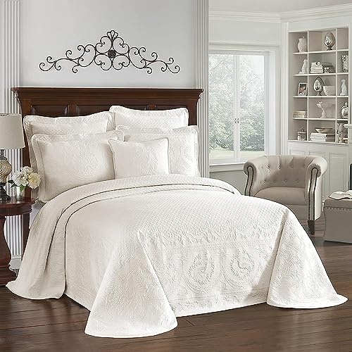 Historic Charleston King Charles Modern Farmhouse Floral Matelasse Bedspread, 100% Cotton Breathable Bedding, Full/Queen, Ivory