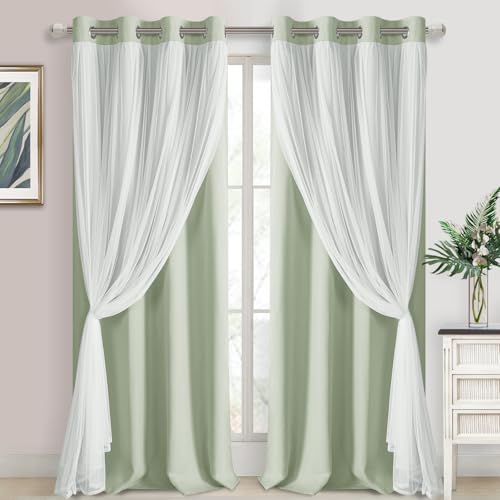 "DWCN Green Blackout Curtains with Sheer Overlay with Tiebacks 96 Inch Long - Floor to Ceiling Double Layer Window Panels for Bedroom Living Room Drape, Grommet Top, 52"" Wx96"" L, Seafoam, Set of 2"