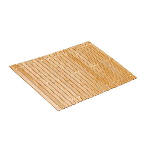 Relaxdays Bamboo Bath Mat, 60x40 cm, Non-Slip, for Shower, Roll-up Bathroom Accessory, Rubber Pads, Slats, Natural/White, 60 x 40 cm