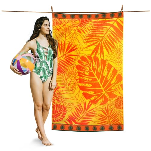 GC GAVENO CAVAILIA 1Pack 500 GSM Beach Towels For Adult, Lightweight & Super Absorbent Quick Dry Towels, Pool Towel, Camping Large Towel, Tropical Leaf Pattern Extra Large Beach Towels For Adult