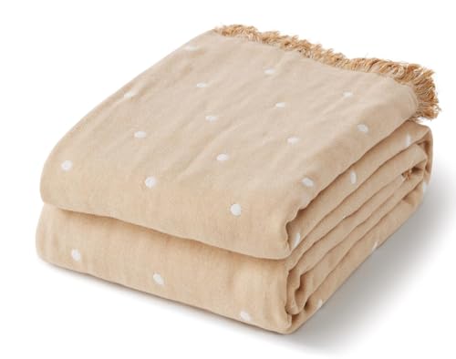 "RILIHO 100% Cotton Muslin Throw Blanket for Home Decor ??? Classic Dotted Printed Quilt Bedding, Muslin Blankets for Adults, Modern Woven Decorative Blanket for Couch, Bed Layering Use, 90""x90"""