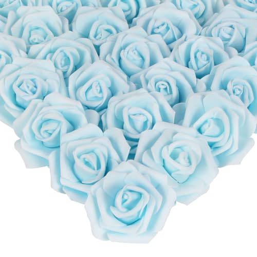 IPOPU Artificial Rose Flower Heads, 100pcs Light Blue Foam Fake Roses Bulk 3in Stemless Flowers for DIY Wedding Baby Shower Centerpieces Arrangements Party Tables Home Decorations (Light Blue)