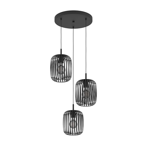 Eglo Pendant Lighting Romazzina, 3 lamp Ceiling Light Fitting, Cluster Hanging lamp for Dining and Living Room, Black Metal, E27 Socket, Ø 18 in
