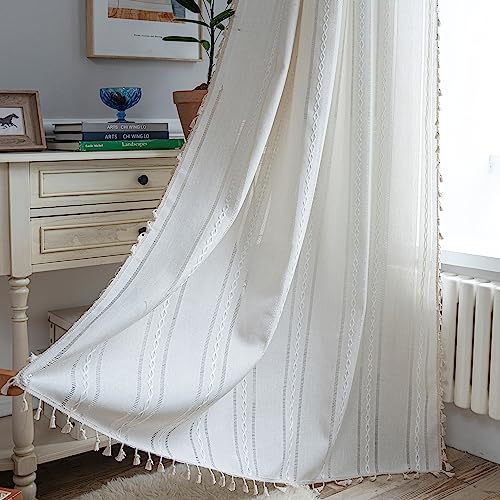 "Sutuo Home Boho Curtains for Bedroom Living Room 84 Inches Long, Semi-Blackout Rustic Country Linen Embroidery Vintage Chic Tassels Hollow Window Treatment Bohemian Drape, 1 Panel 52"" W x 84"" L, Ivory"
